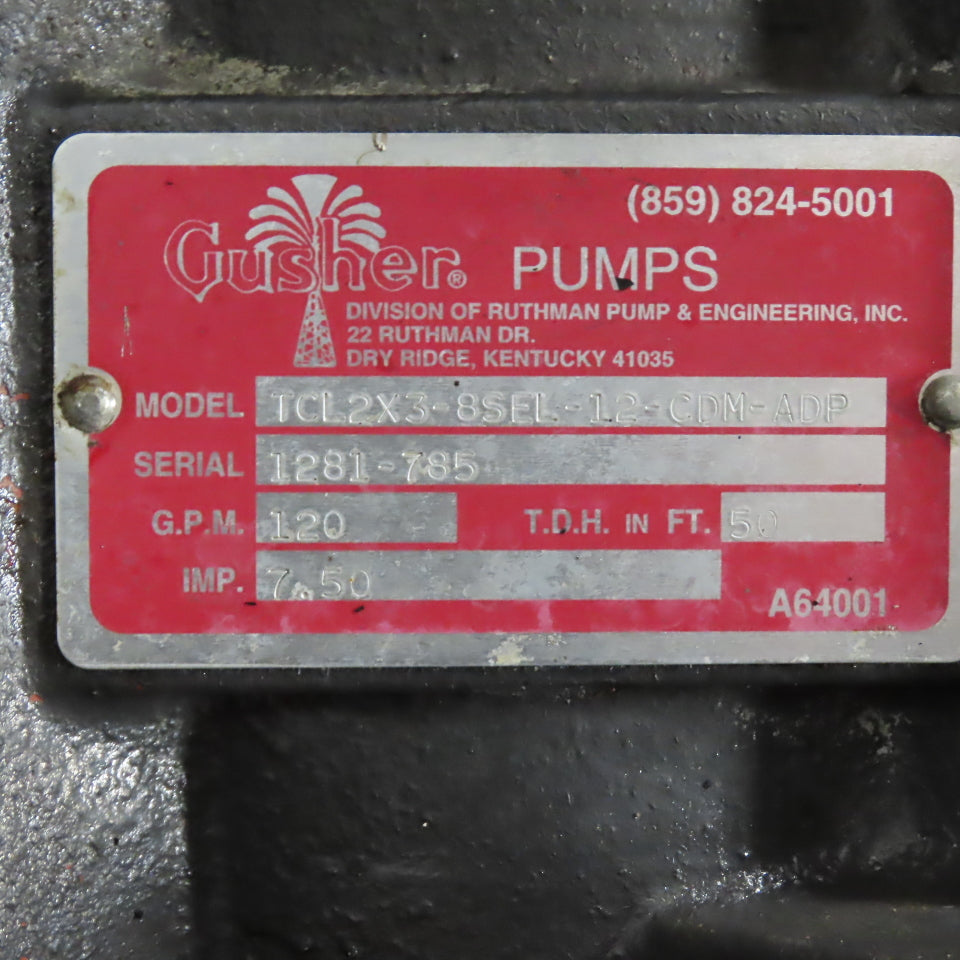 Gusher TCL2x3-8SEL-12-CDM-ADP Vertical End Suction Pump 460V 3PH 120GPM 50' Head