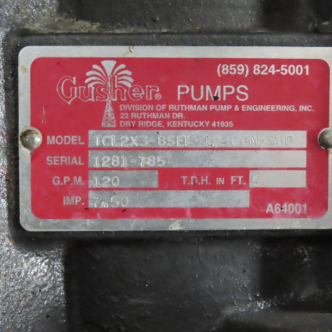Gusher TCL2x3-8SEL-12-CDM-ADP Vertical End Suction Pump 460V 3PH 120GPM 50' Head