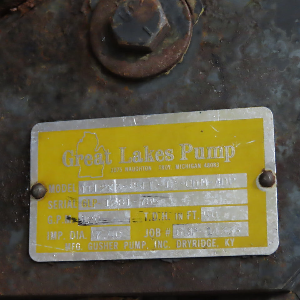 Gusher TCL2x3-8SEL-12-CDM-ADP Vertical End Suction Pump 460V 3PH 120GPM 50' Head