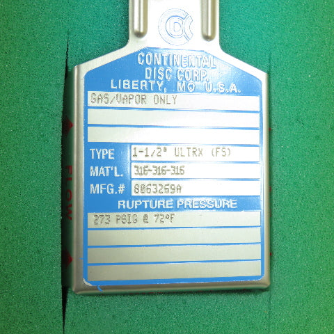 Continental Disk ULTRX (FS) 1-1/2" Rupture Disk 316-316-316 273 PSIG @ 72°F