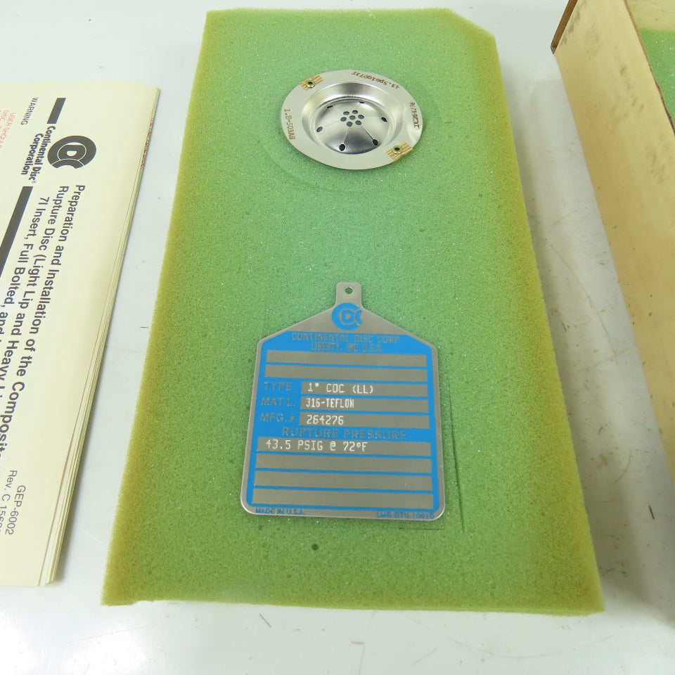 Continental Disk CDC (LL) 1" Rupture Disk 316-TEFLON 43.5 PSIG @ 72°F Lot Of 2