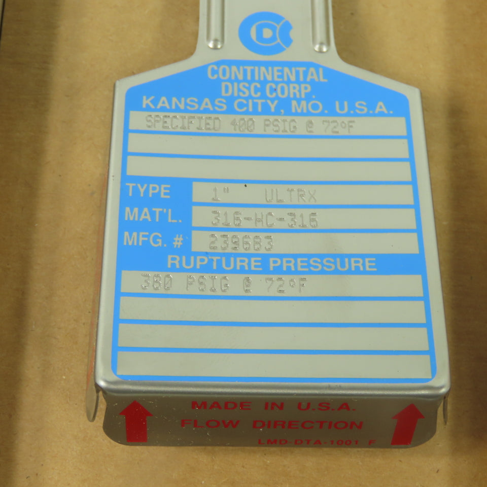 Continental Disk ULTRX 1" Rupture Disk 316-HC-316 380 PSIG @ 72°F 239683