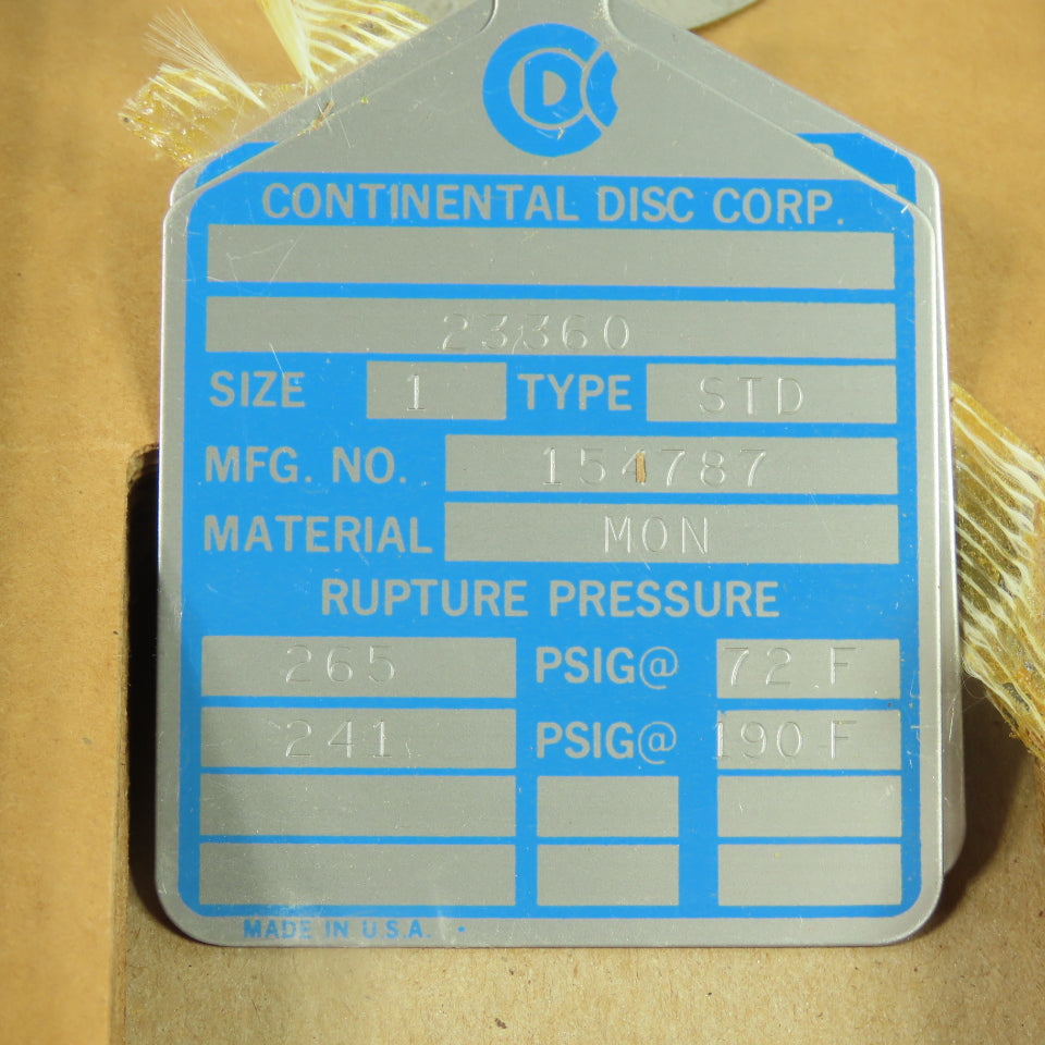 Continental Disk STD 1" Rupture Disk MON 251 PSIG @ 72°F 201358