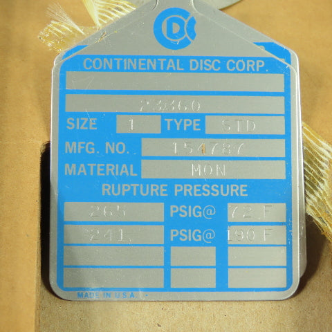 Continental Disk STD 1" Rupture Disk MON 251 PSIG @ 72°F 201358