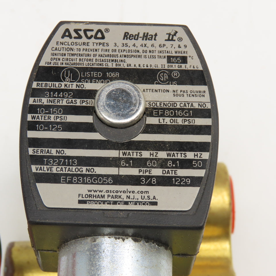 Asco EF8316G056 Redhat 3/8" NPT Water Air Inert Gas Solenoid Valve 120V