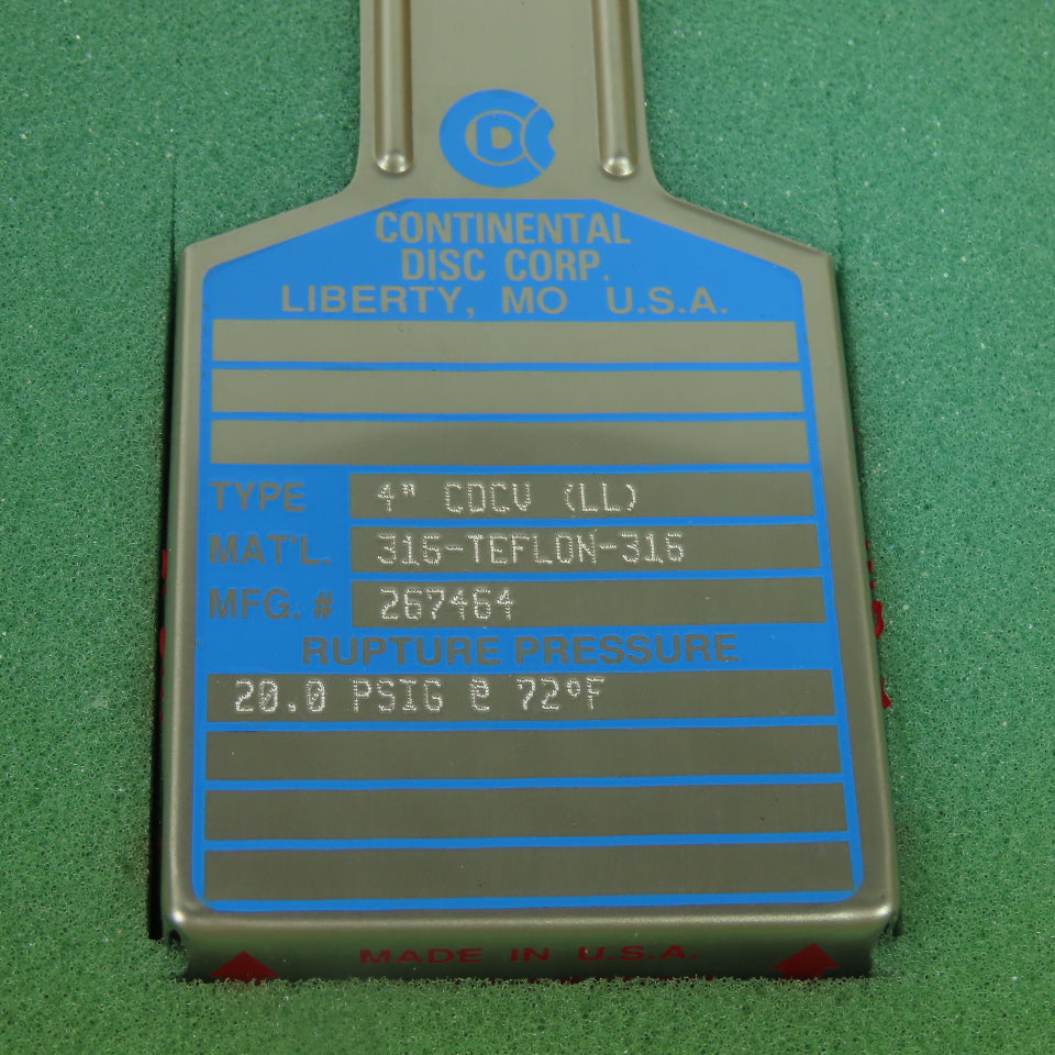 Continental Disk CDCV (LL) 4" Rupture Disk 316-TEFLON-316 20.0 PSIG @72°F 287464