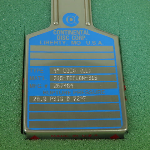 Continental Disk CDCV (LL) 4" Rupture Disk 316-TEFLON-316 20.0 PSIG @72°F 287464