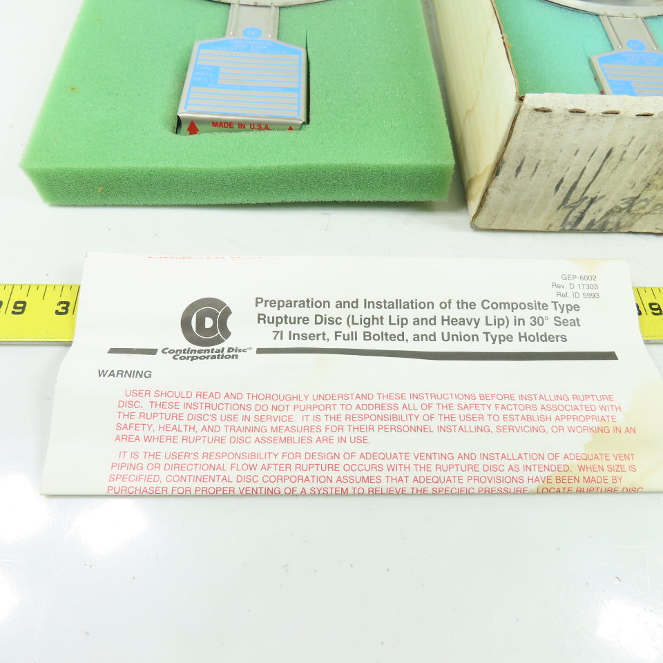 Continental Disk CDCV (LL) 4" Rupture Disk 316-Teflon-316 30.8 PSIG @72°F Lot/2