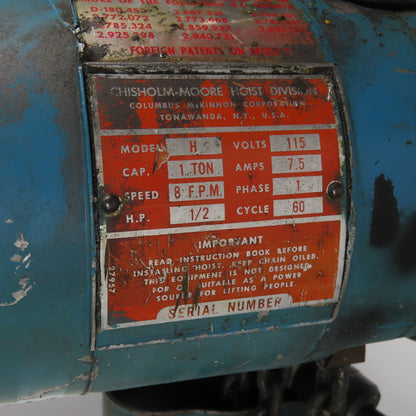 CM Lodestar Model H 1 Ton 2000LB Electric Chain Hoist 10' Lift 8FPM 115V 1Ph