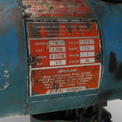 CM Lodestar Model H 1 Ton 2000LB Electric Chain Hoist 10' Lift 8FPM 115V 1Ph