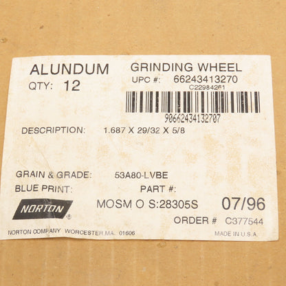 Norton 53A80-L VBE 1.687 x 29/32 x 5/8" Grinding Wheel Alundum Lot Of 12