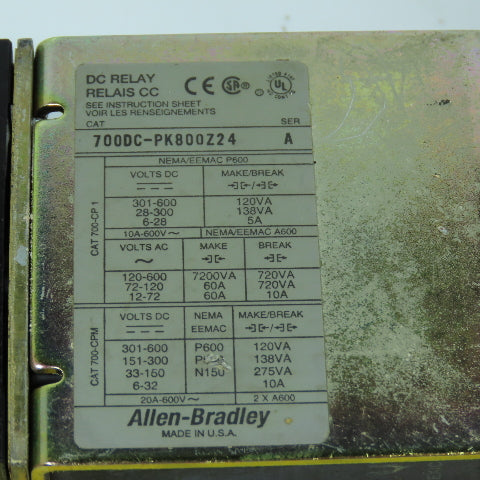 Allen Bradley 700DC-PK800Z24 Ser A Type PK DC Control Relay 24VDC Coil Lot/2