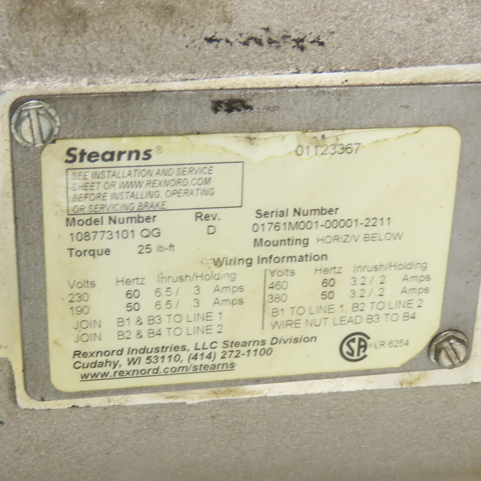 Stearns 108773101 QG Rev D Brake Assembly 25LB-Ft Torque 230/460V 50/60Hz