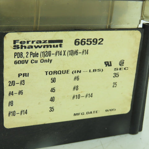 Ferraz Shawmut 66592 2/0-#14 x 10 Way #6-#14 2-Pole Power Distribution Block