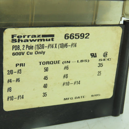 Ferraz Shawmut 66592 2/0-#14 x 10 Way #6-#14 2-Pole Power Distribution Block