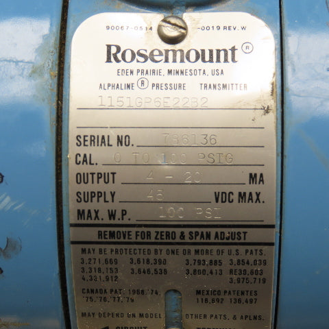 Rosemount 1151GP6E22B2 Pressure Transmitter 0-100PSI 45VDC
