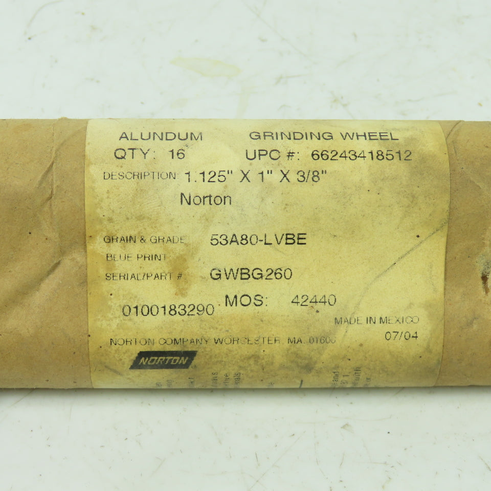 Norton 53A80-LVBE 1.125" x 1" x 3/8" Grinding Wheel GWBG260 Lot Of 16