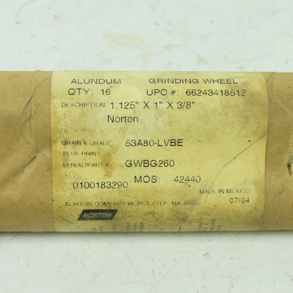 Norton 53A80-LVBE 1.125" x 1" x 3/8" Grinding Wheel GWBG260 Lot Of 16