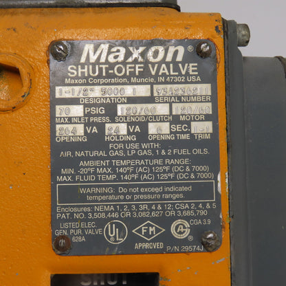 Maxon 5000 1 1-1/2" Pneumatic Gas Shut-Off Valve 70PSIG 120V