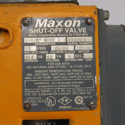 Maxon 5000 1 1-1/2" Pneumatic Gas Shut-Off Valve 70PSIG 120V