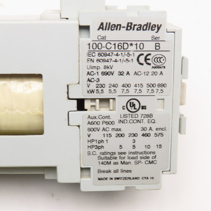Allen Bradley 100-C16D*10 Contactor 600V 15Hp Max 24VDC Coil