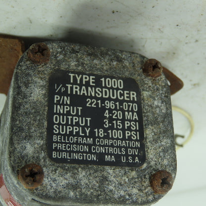 Bellofram 221-961-070 Type 1000 Transducer 4-20mA 3-15PSI Out 18-100PSI Supply