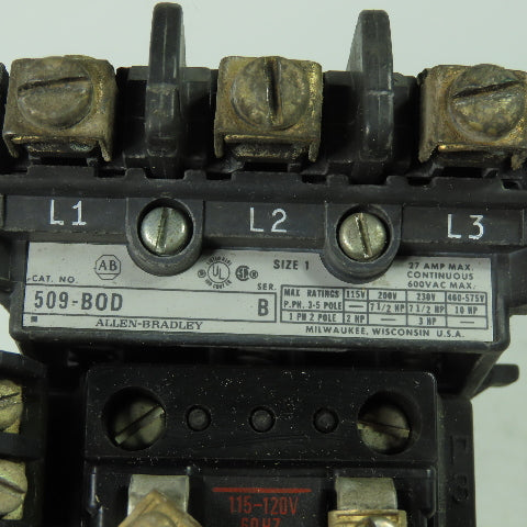 Allen Bradley 509-BOD Ser B Size 1 Motor Starter 600VAC 27A 120V Coil