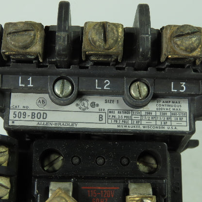 Allen Bradley 509-BOD Ser B Size 1 Motor Starter 600VAC 27A 120V Coil