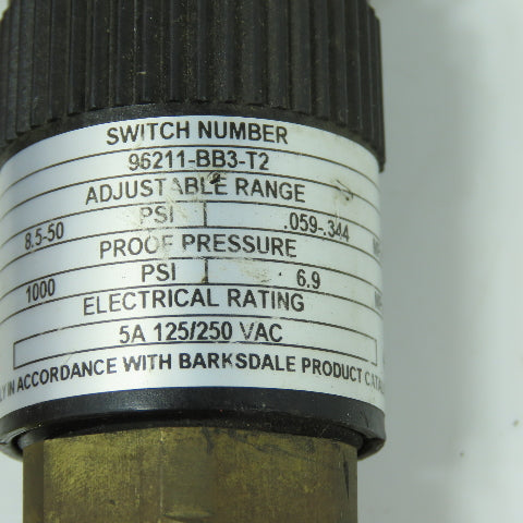 Barksdale 96211-BB3-T2 Pressure Switch 8.5-50PSI Range 125/250VAC 5A 1/4" NPT