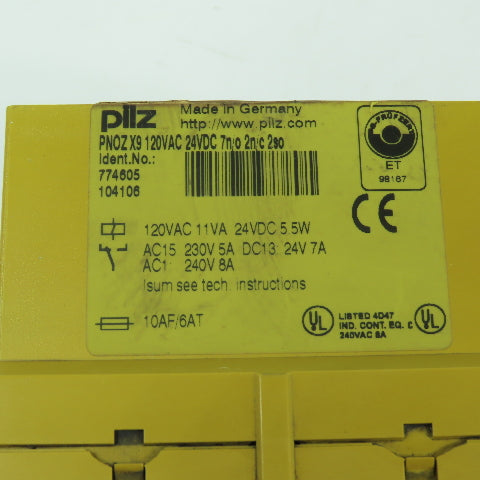 Pilz PNOZ X9 120VAC 24VDC 7n/o 2n/c 2so 774605 Monitoring Safety Relay