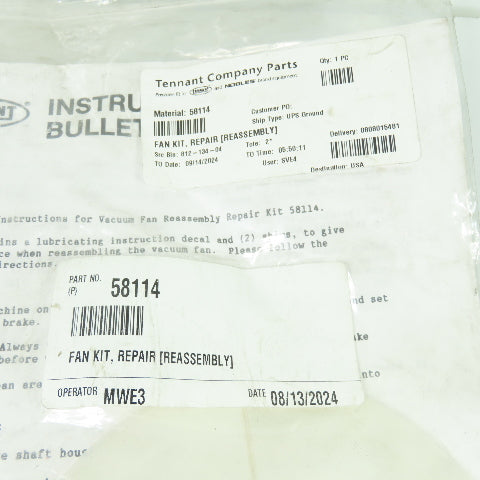 Tennant 58114 Fan Repair Kit Reassembly