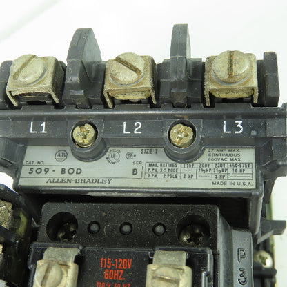 Allen Bradley 509-BOD Ser B Size 1 Motor Starter 600VAC 27A 120V Coil