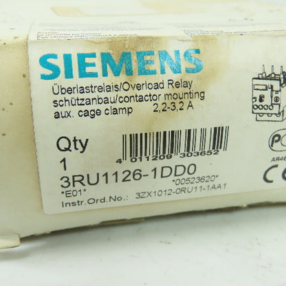 Siemens 3RU1126-1DD0 Sirius 3R Overload Relay 2.2-3.2A NEW