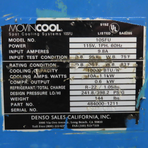 MovinCool 10SFU Cool Spot Portable Air Conditioner 115V 1PH 9.8A 10,000 BTU/H