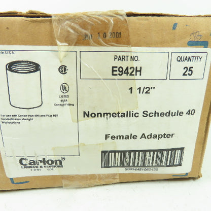 Carlon E942H Nonmetallic Schedule 40 PVC Female Conduit Adapter 1 1/2" Lot Of 25