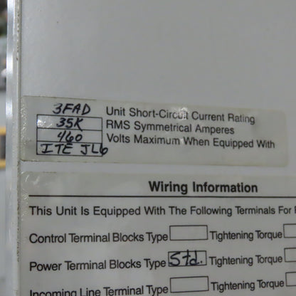 Siemens Marq 600A Motor Control Center MCC 480V 3PH 3W 60HZ (7 Buckets)