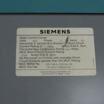 Siemens Marq 600A Motor Control Center MCC 480V 3PH 3W 60HZ (7 Buckets)