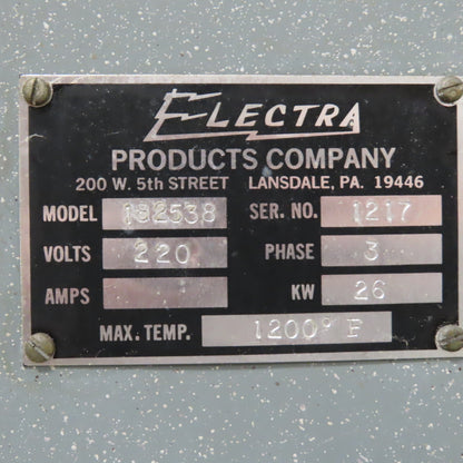 Electra Retort 182538 Heat Treat Furnace 220V 3PH 16"x21"x36" 1200°F No Controls