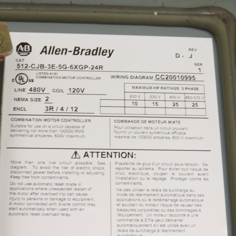 Allen Bradley 512-CJB-3E-5G-6XGP-24R Nema 2 Combination Motor Starter 25HP 480V