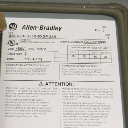 Allen Bradley 512-CJB-3E-5G-6XGP-24R Nema 2 Combination Motor Starter 25HP 480V