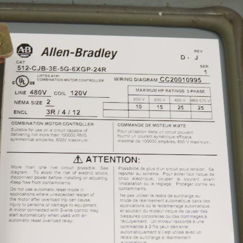 Allen Bradley 512-CJB-3E-5G-6XGP-24R Nema 2 Combination Motor Starter 25HP 480V