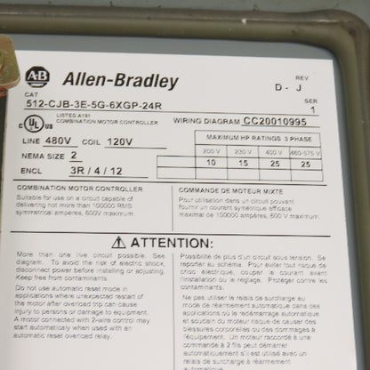 Allen Bradley 512-CJB-3E-5G-6XGP-24R Nema 2 Combination Motor Starter 25HP 480V