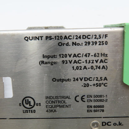 Phoenix Contact 2939250 Quint PS 120VAC 24VDC Power Supply