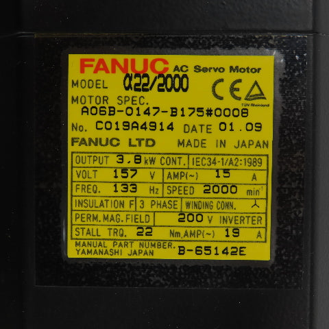 Fanuc A06B-0147-B175 3.8kW AC Servo Motor 157V 2000RPM 133HZ 3-Phase 15A