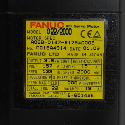 Fanuc A06B-0147-B175 3.8kW AC Servo Motor 157V 2000RPM 133HZ 3-Phase 15A