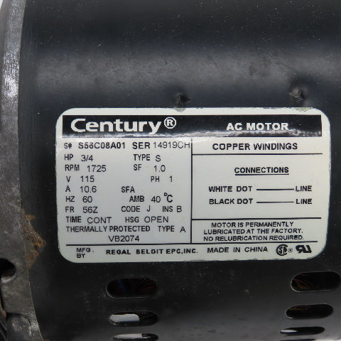Centruy S56C08A01 Type S 3/4HP AC Electric Motor 1725RPM 115V 10.6A 56Z Frame