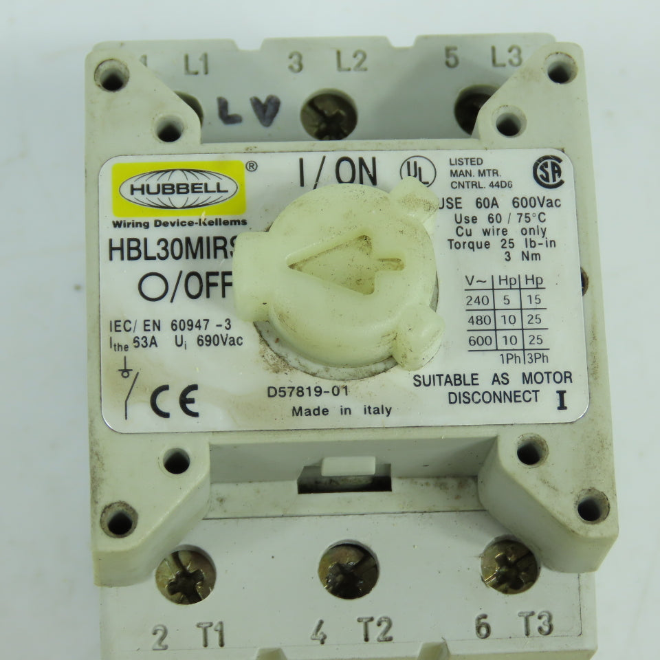 Hubbell HBL30MIRS 60A Rotary Disconnect Switch 600VAC 3-Pole
