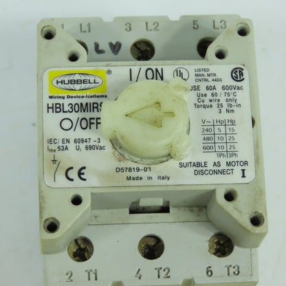 Hubbell HBL30MIRS 60A Rotary Disconnect Switch 600VAC 3-Pole