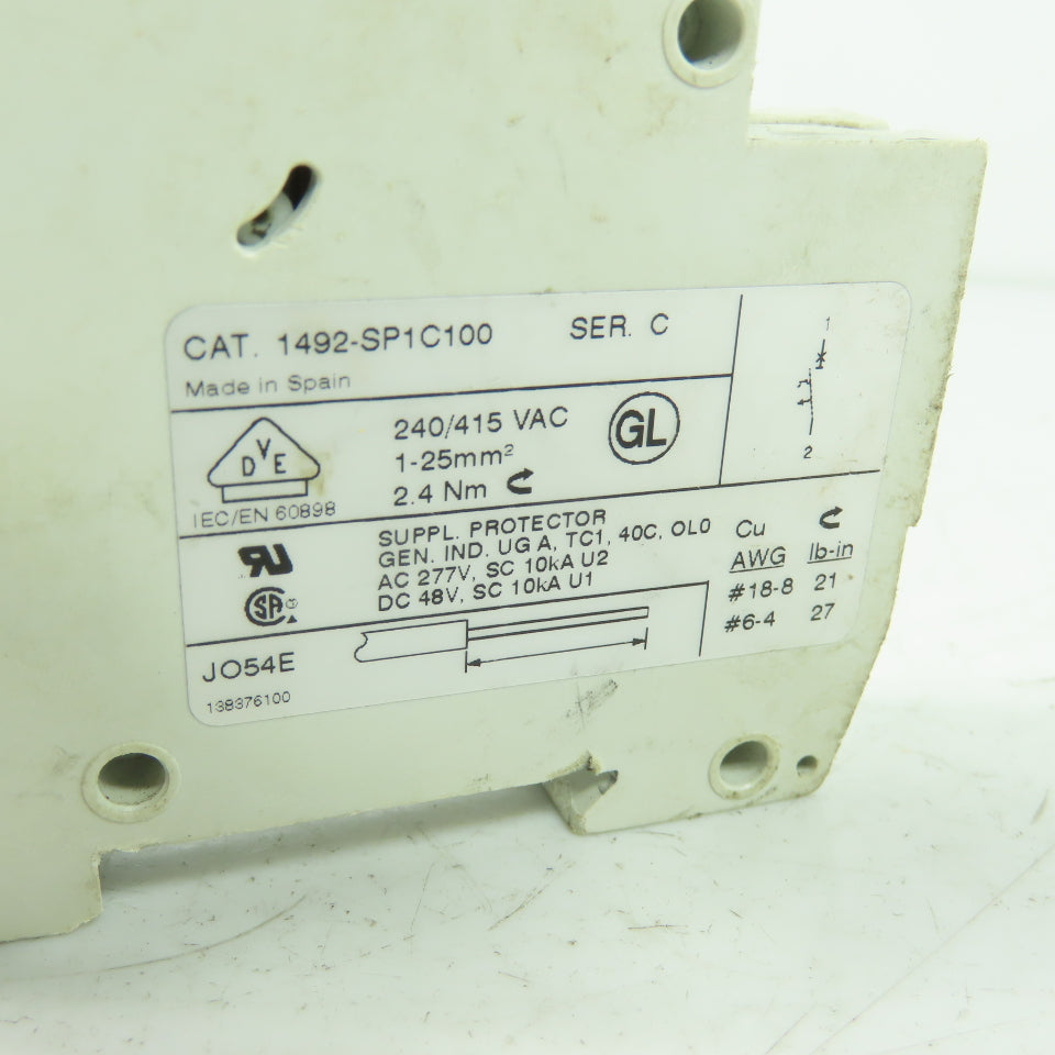 Allen Bradley 1492-SP1C100 Ser C Din Rail Circuit Breaker 240/415VAC 2.4Nm Lot/2