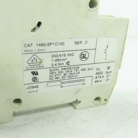 Allen Bradley 1492-SP1C100 Ser C Din Rail Circuit Breaker 240/415VAC 2.4Nm Lot/2
